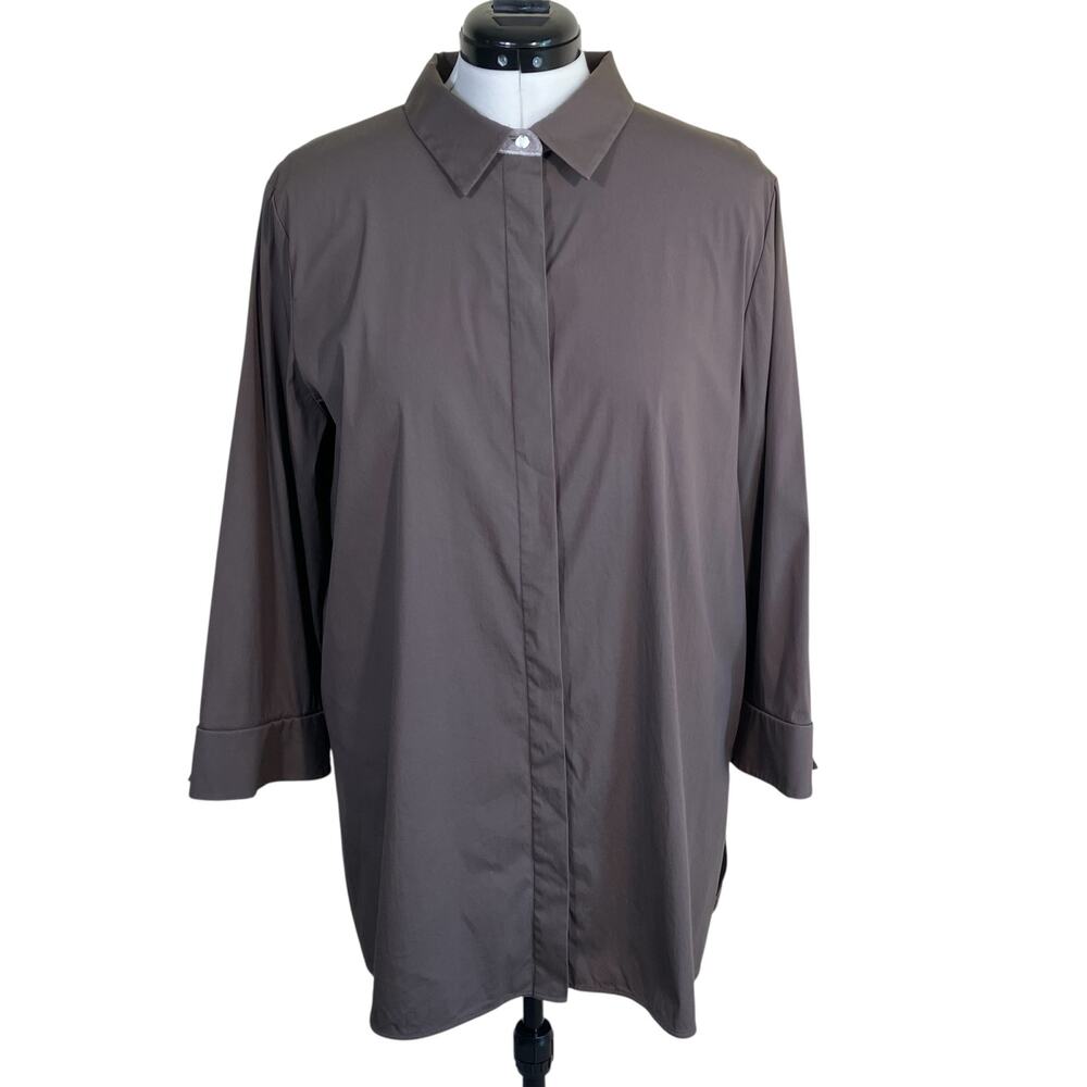 Lafayette 148 Womens XXL Taupe Brown Hip Length Button-Up Shirt Minimalist Clean - Picture 5 of 16